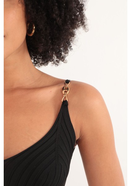 Triko Kumaş Broşlu Midi Kadın Elbise-Siyah modelleri