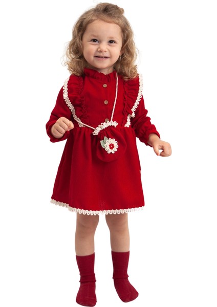 Kız Çocuk Çantalı ve Dantelli Sonbahar ve Kışlık Kırmızı Salopet Elbise ( 2-3-4-5 Yaş)