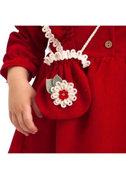 Kız Çocuk Çantalı ve Dantelli Sonbahar ve Kışlık Kırmızı Salopet Elbise ( 2-3-4-5 Yaş) fiyatları