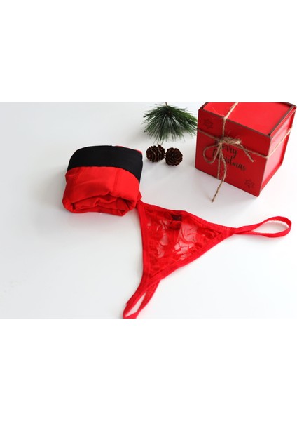 Yılbaşı Özel Kutusunda 2'li Noel Seti - Kırmızı Boxer Dantelli Tanga fırsatları