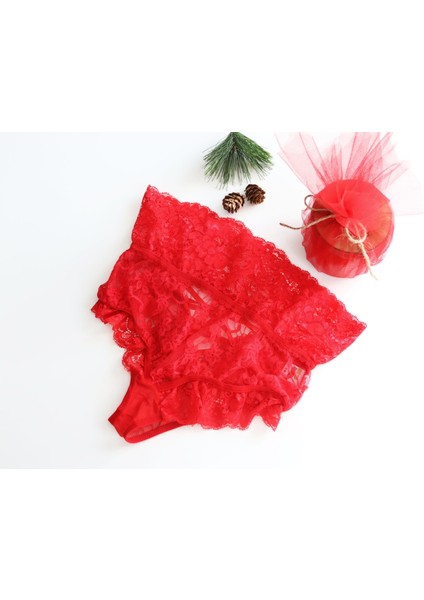 Yılbaşı Özel Kırmızı Saksıda Yüksek Bel Dantel Külot