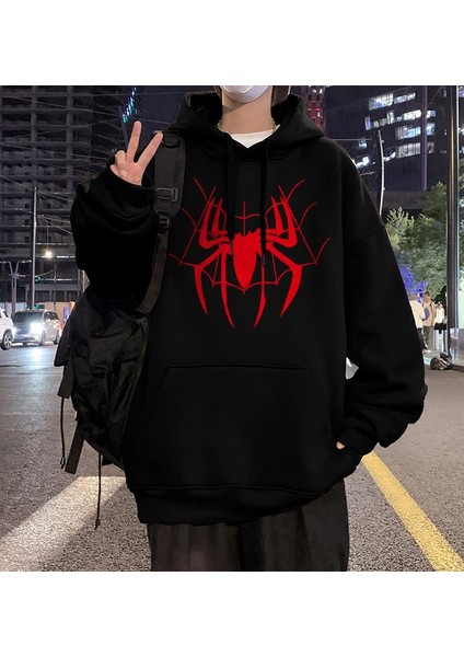 Red Spider Web Baskılı Siyah Oversize Kapüşonlu Sweatshirt