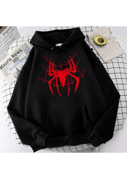 Red Spider Web Baskılı Siyah Oversize Kapüşonlu Sweatshirt