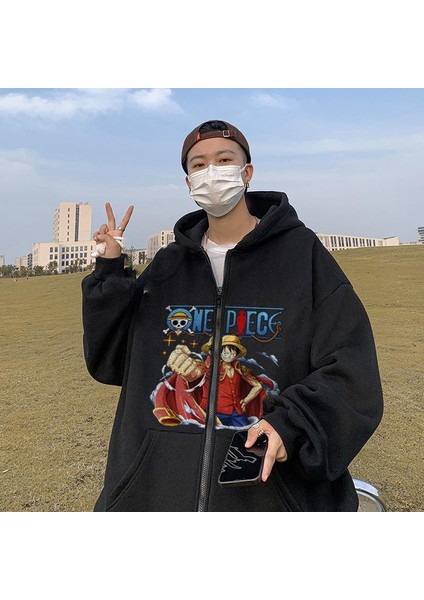 One Piece Fist Baskılı Oversize Fermuarlı Siyah Kapüşonlu Hırka