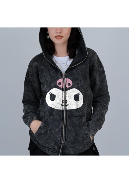 Kuromi Face Baskılı Vintage Yıkamalı Full Zip Detail Unisex Oversize Kapüşonlu Hırka