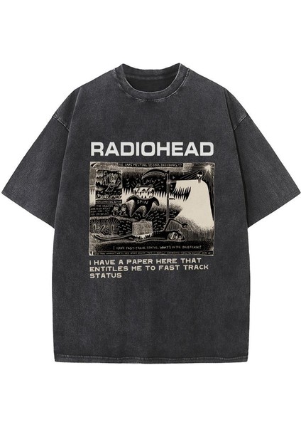 Yıkamalı Radiohead Baskılı Unisex Oversize Vintage Eskitme T-Shirt