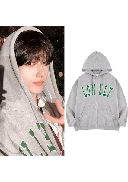 Lonely Baskılı Oversize Fermuarlı Gri Unisex Kapüşonlu Hırka