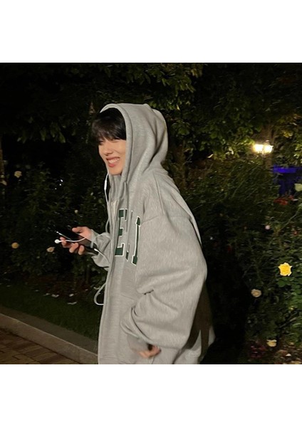 Lonely Baskılı Oversize Fermuarlı Gri Unisex Kapüşonlu Hırka