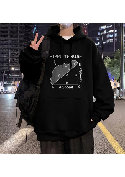 Hippotenuse Baskılı Siyah Unisex Oversize Kapüşonlu Sweatshirt