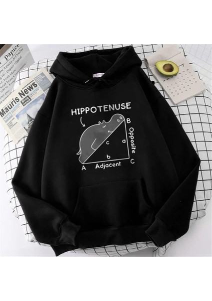 Hippotenuse Baskılı Siyah Unisex Oversize Kapüşonlu Sweatshirt