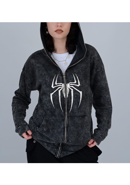 Spider Baskılı Vintage Yıkamalı Full Zip Detail Unisex Oversize Kapüşonlu Hırka