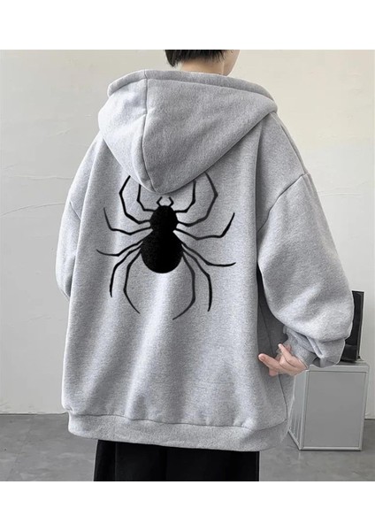 Dangerous Spider Ön-Arka Baskılı Oversize Fermuarlı Gri Unisex Kapüşonlu Hırka