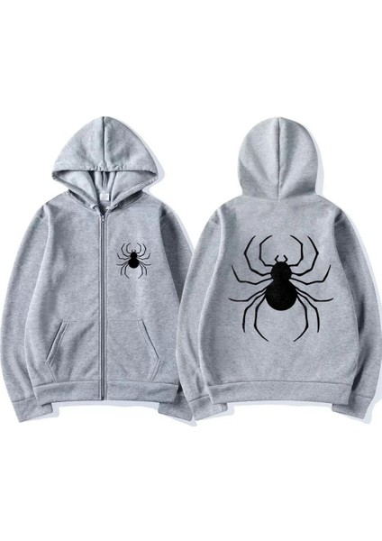 Dangerous Spider Ön-Arka Baskılı Oversize Fermuarlı Gri Unisex Kapüşonlu Hırka