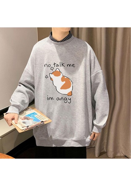 No Talk Me Baskılı Gri Unisex Oversize Bisiklet Yaka Sweatshirt