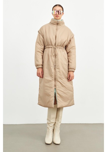 Bej Uzun Boy Boğazlı Fermuarlı Şişme Kaban