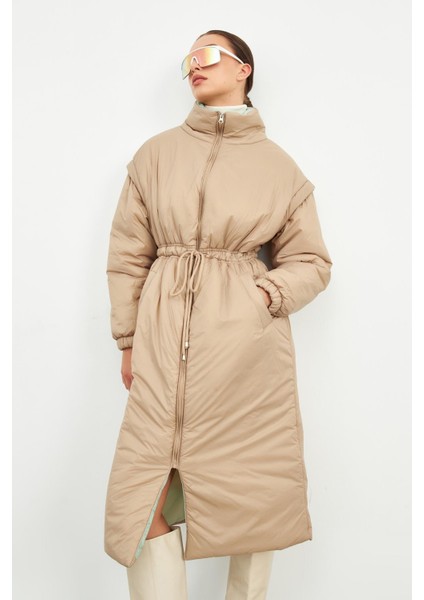 Bej Uzun Boy Boğazlı Fermuarlı Şişme Kaban indirimleri