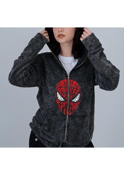 Spider-Man Head Baskılı Vintage Yıkamalı Full Zip Detail Unisex Oversize Kapüşonlu Hırka