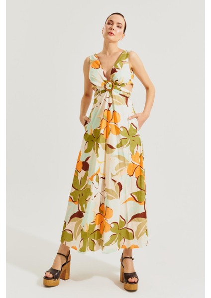 Haki Bej Kemer Detaylı Elbise