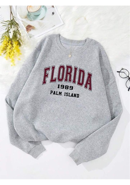 Florida Baskılı Gri Unisex Oversize Bisiklet Yaka Sweatshirt