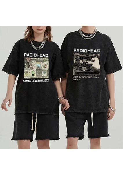 Yıkamalı Radiohead Baskılı Oversize Vintage Eskitme T-Shirt