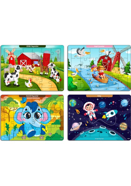 Notpa Çocuklar Için Eğitici ve Öğretici Ahşap 24 Parça Renkli Puzzle 4lü Set 5