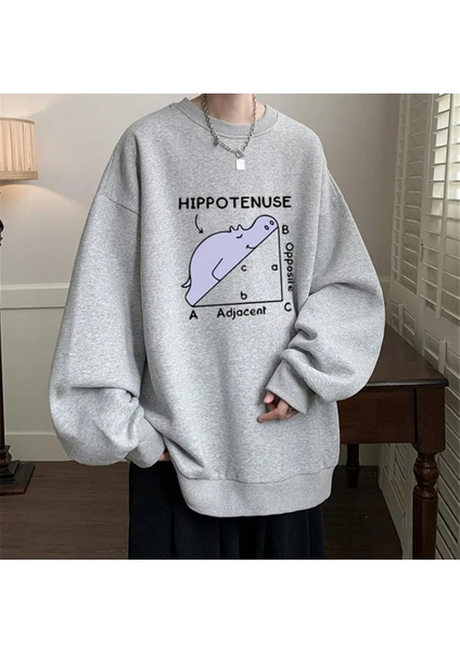 Touz Moda  Hippotenuse Baskılı Gri Unisex Oversize Bisiklet Yaka Sweatshirt