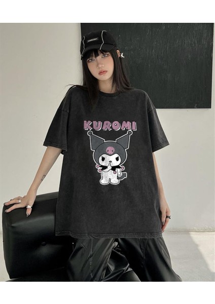 Kuromi Be Quiet Baskılı Vintage Yıkamalı Unisex Oversize Eskitme T-Shirt