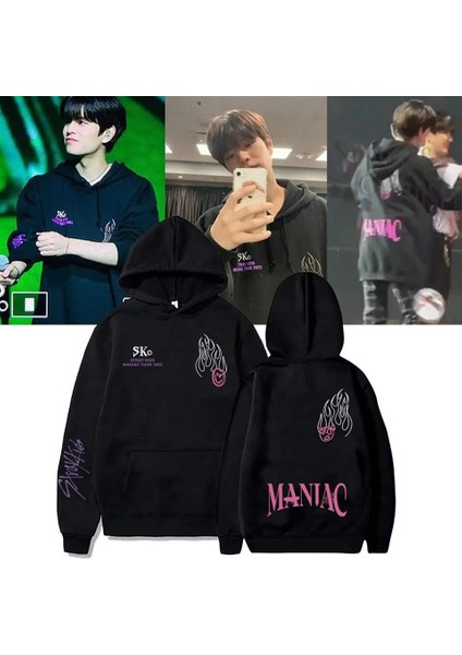 Stray Kids Maniac Ön-Arka Ve Kol Baskılı Siyah Oversize Kapüşonlu Sweatshirt