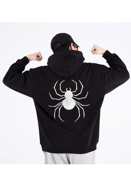 Dangerous Spider Ön-Arka Baskılı Siyah Oversize Kapüşonlu Sweatshirt