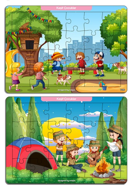 Notpa Çocuklar Için Eğitici ve Öğretici Ahşap 24 Parça Renkli Puzzle Kaşif Çocuklar 4lü Set 15