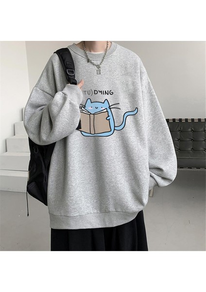 Studying Baskılı Gri Unisex Oversize Bisiklet Yaka Sweatshirt