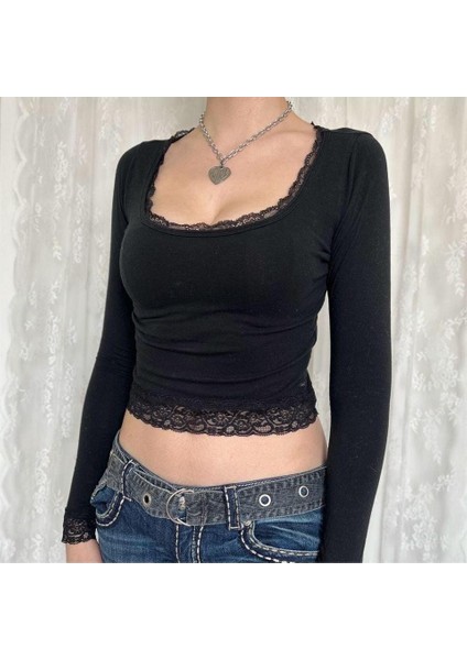 Kawaii Dantel Lace Siyah Uzun Kol Bluz fiyatları