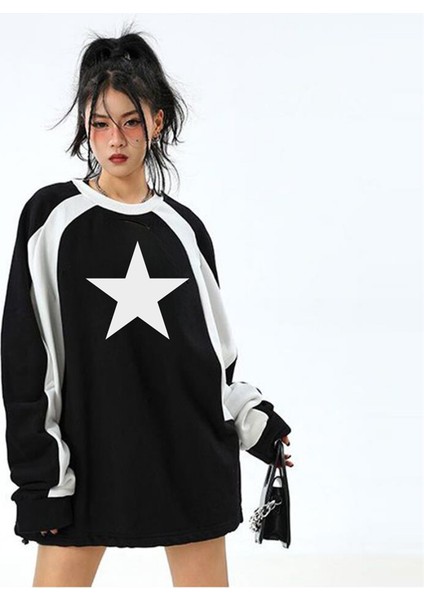 Y2K Streetwear Star Baskılı Siyah Unisex Oversize Bisiklet Yaka Sweatshirt