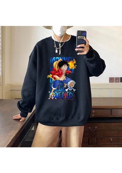 One Piece Running Baskılı Siyah Oversize Bisiklet Yaka Sweatshirt