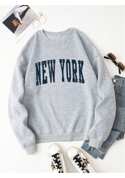 New York Baskılı Gri Oversize Bisiklet Yaka Sweatshirt