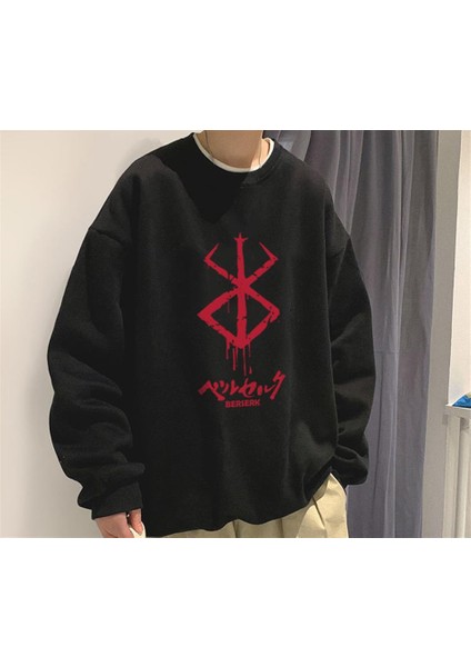 Berserk Logo Baskılı Siyah Oversize Bisiklet Yaka Sweatshirt