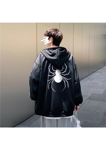 Dangerous Spider Ön-Arka Baskılı Oversize Fermuarlı Siyah Kapüşonlu Hırka