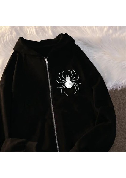 Dangerous Spider Ön-Arka Baskılı Oversize Fermuarlı Siyah Kapüşonlu Hırka