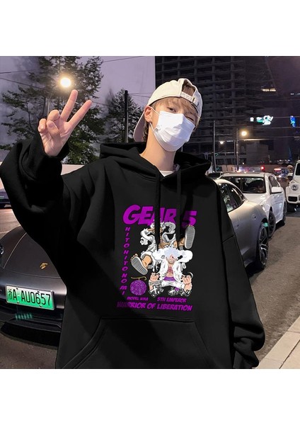 One Piece Gear 5 Baskılı Siyah Oversize Kapüşonlu Sweatshirt