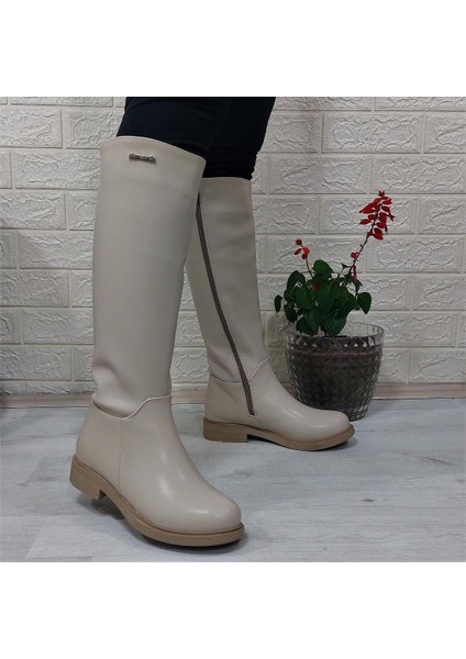 52500 Krem Fermuarlı 43CM Içi Kürklü Kadın Çizme