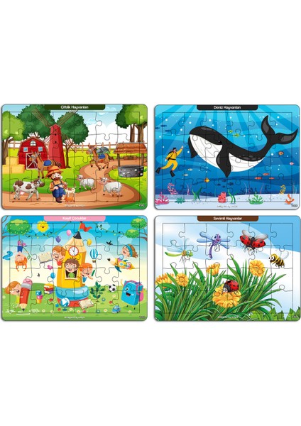 Notpa Çocuklar Için Eğitici ve Öğretici Ahşap 24 Parça Renkli Puzzle 4lü Set 4