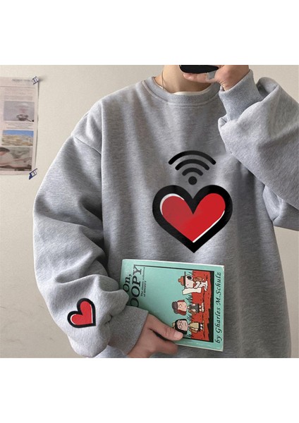 Heart Signal Baskılı Gri Oversize Bisiklet Yaka Sweatshirt
