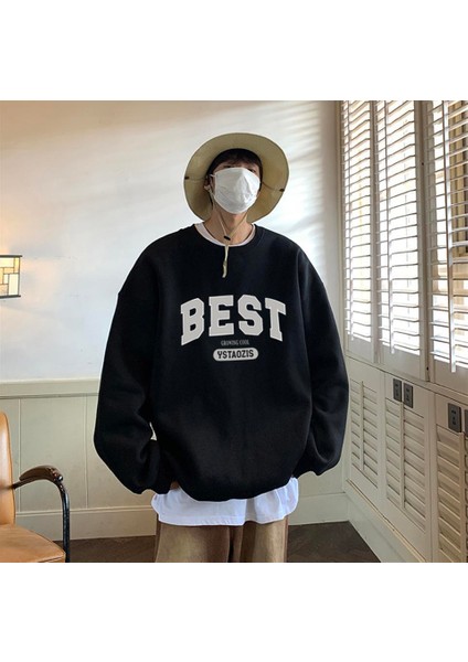 Best Baskılı Siyah Oversize Bisiklet Yaka Sweatshirt