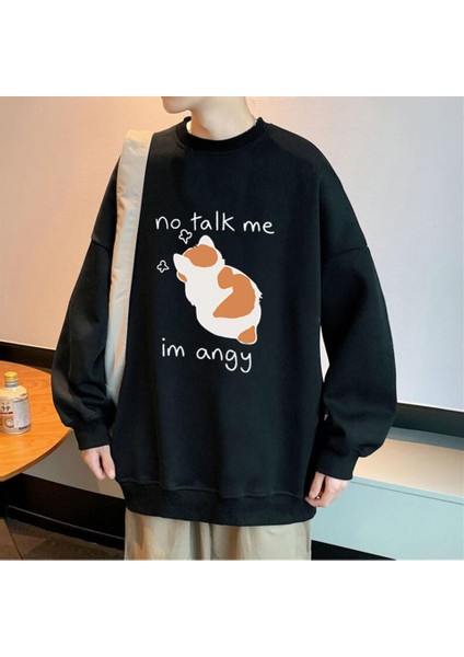 No Talk Me Baskılı Siyah Oversize Bisiklet Yaka Sweatshirt