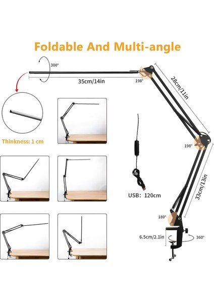 LED Kısılabilir Ofis Masa Lambası USB Şarj Portu, 3 Aydınlatma Modları ile 10 Parlaklık