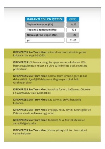 Sıvı Tarım Kireci 10 Kg Sönmüş Kireç Süspansiyonu