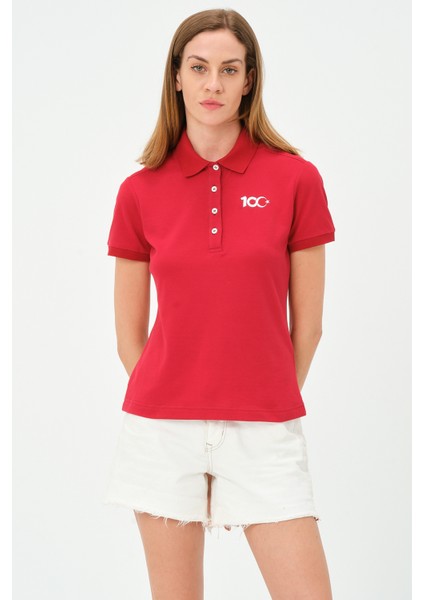 Kadın Kısa Kollu Türkiye Cumhuriyeti 100.YIL Özel Kırmızı Polo Yaka T-Shirt