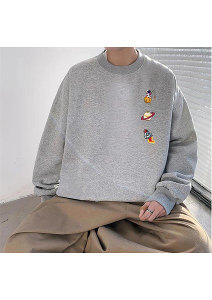 Space Things Baskılı Gri Oversize Bisiklet Yaka Sweatshirt