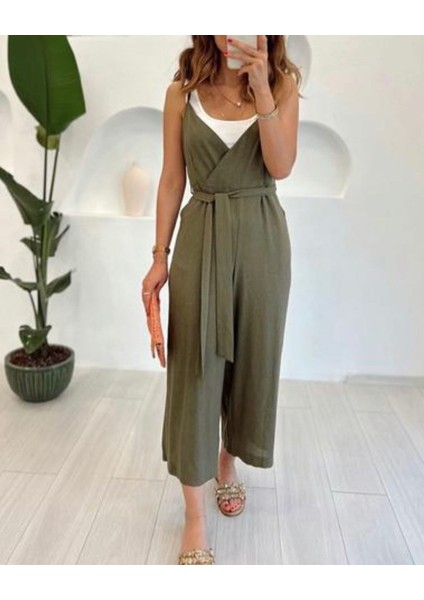 Haki Askılı Keten Tulum Haki Yeşil - L