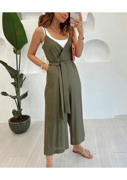 Haki Askılı Keten Tulum Haki Yeşil - L